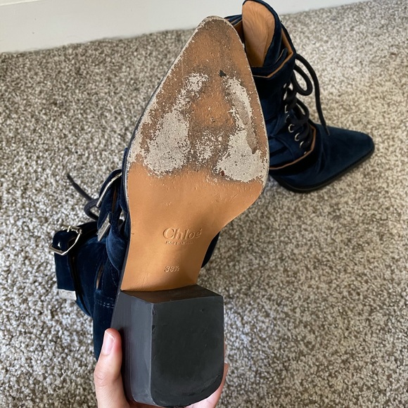 ❌SOLD Chloe Rylee Blue Velvet Buckle Strap Boots 8.5 - Picture 6 of 12
